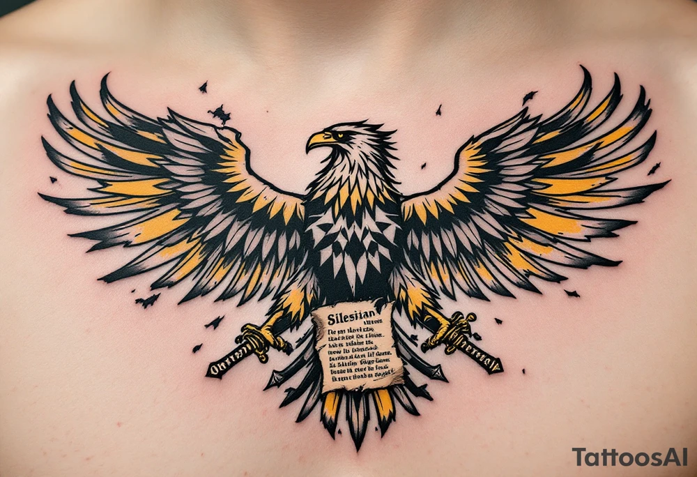 Battle-Worn Silesian Eagle with Torn Banners – A strong, battle-scarred eagle with ripped black and yellow banners flowing behind it, representing the resilience of Silesia. The eagle's claws clutch an old sword or a scroll with historical inscriptions, adding a storytelling element. tattoo idea