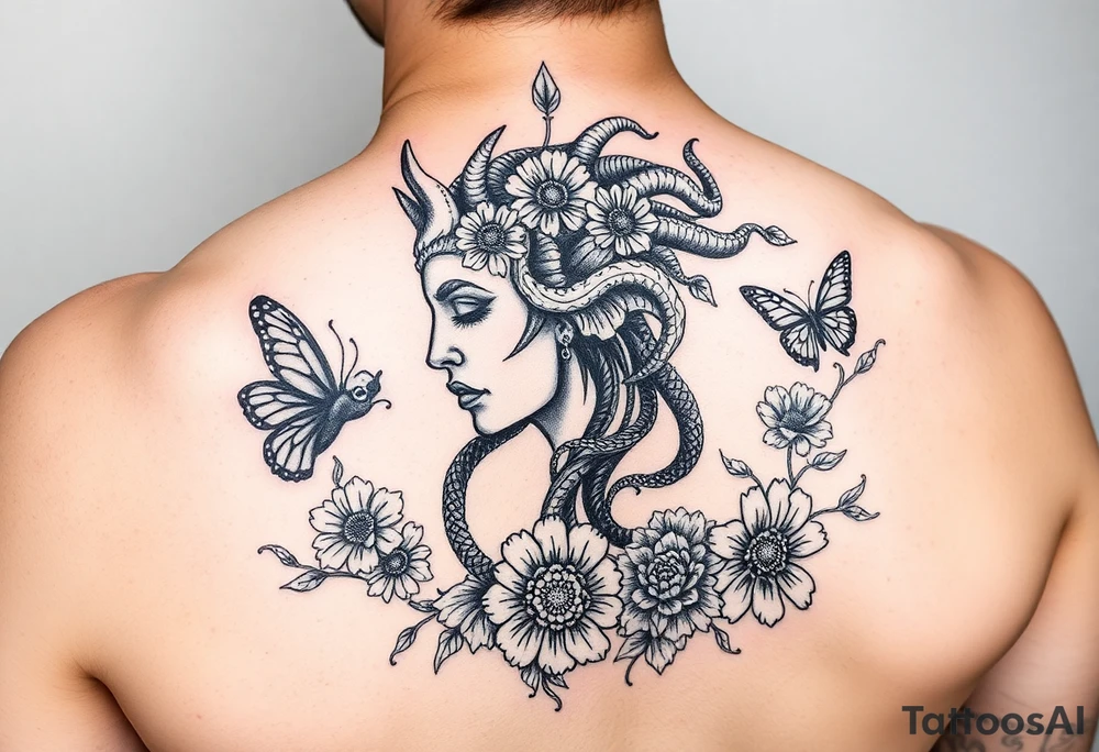 Side portrait of Medusa with flowers, butterflies 
and mandala tattoo idea
