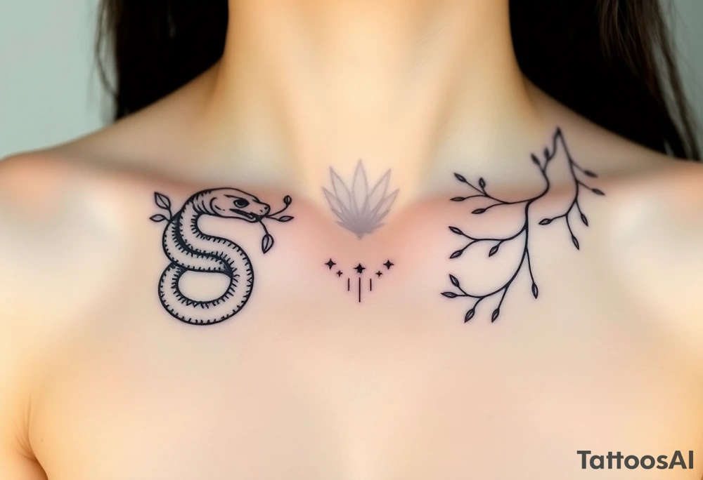 "Design a symbolic, artistic black-ink chest tattoo that spans both collarbones. On the left collarbone, depict a snake gracefully wrapped and coiled around the bone, its head resting near the center of the chest. From the snake’s mouth, instead of venom, delicate leaves are flowing outward — symbolizing letting go, surrender, and release. In the center of the chest, where the sternum lies, include subtle symbolic elements representing trust in the universe — like stars, a tiny spiral, or a soft sunburst — signifying alignment and faith. On the right collarbone, continue the story: flowing lines or abstract shapes that radiate resilience, strength, and hope — suggesting a journey or upward growth, like branches or a phoenix rising. The style should be elegant, fine-line, and minimalistic, yet deeply artistic and symbolic. The design should blend with the natural shape of the collarbones and sternum, evoking quiet power and inner transformation. Light skin tone, soft natural lighting." tattoo idea