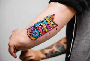 colorful forearm tattoo that says  GenX OG tattoo idea