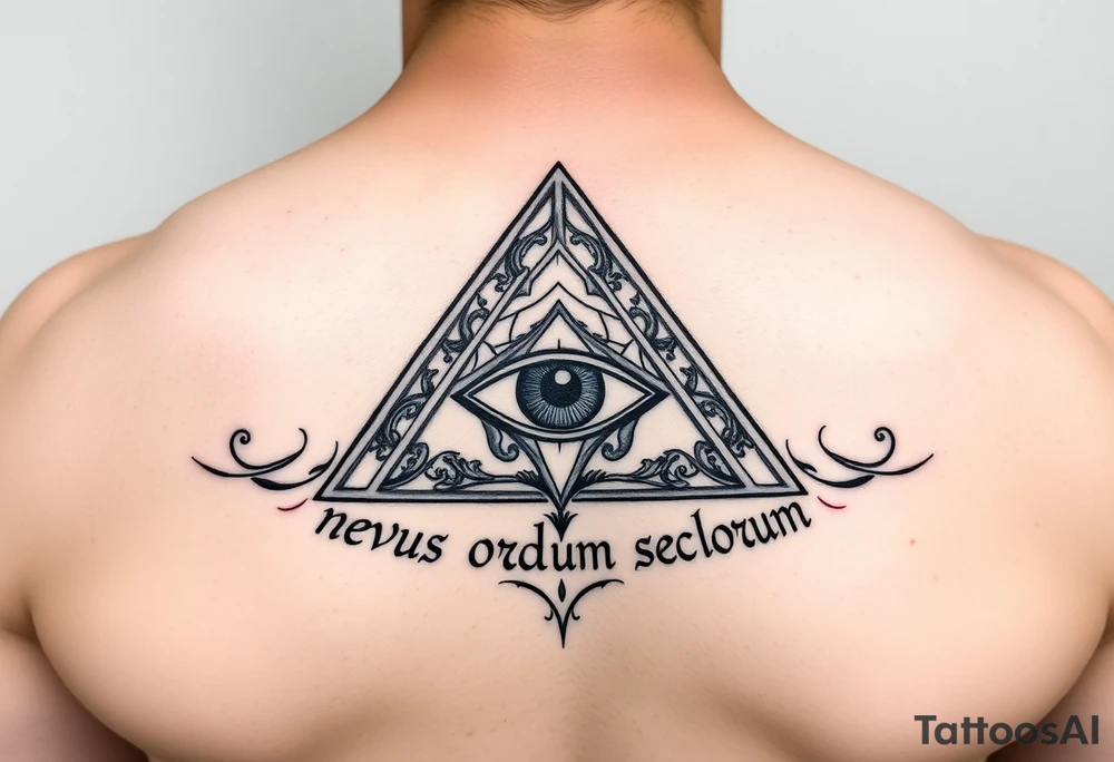 Pyramid with eye in the center, surrounded by words - novus ordum seclorum tattoo idea