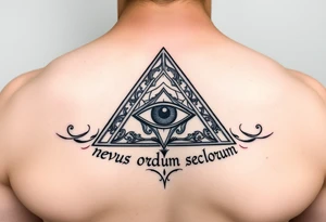Pyramid with eye in the center, surrounded by words - novus ordum seclorum tattoo idea