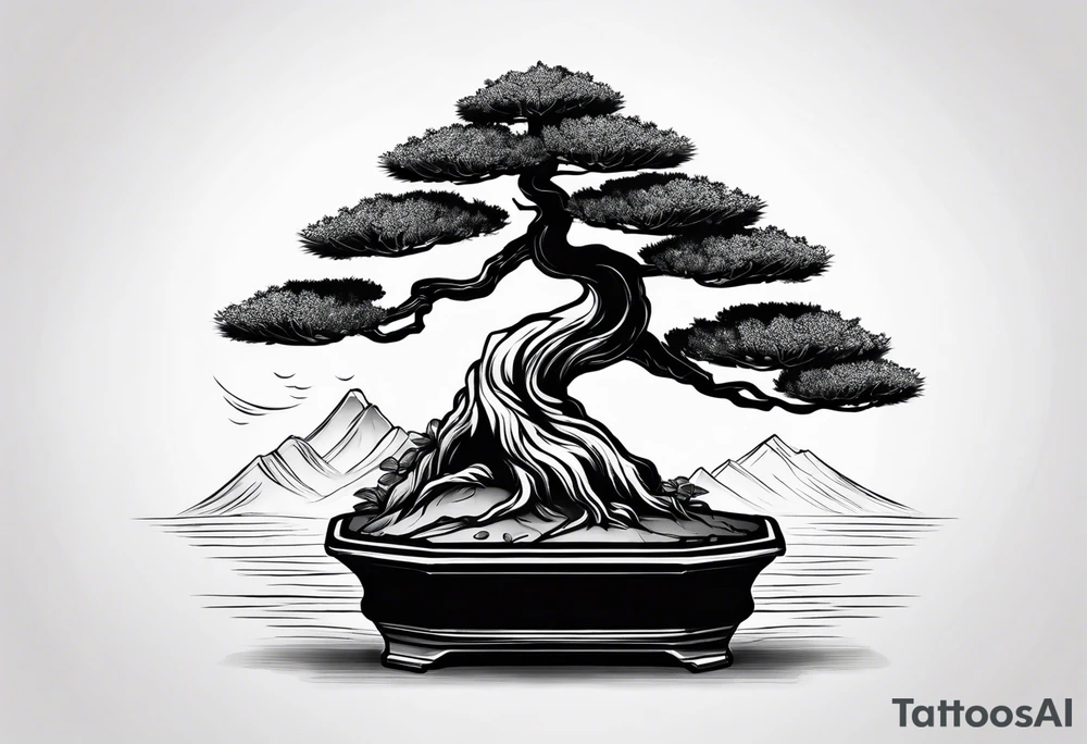 bonsai tree small with rising sun tattoo idea