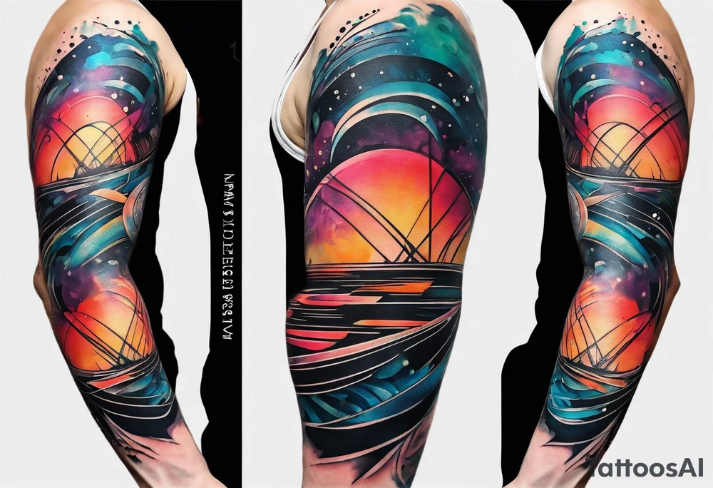 flowing abstract large forearm tattoo with lines, splatters, circles tattoo idea