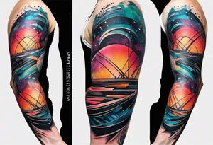 flowing abstract large forearm tattoo with lines, splatters, circles tattoo idea