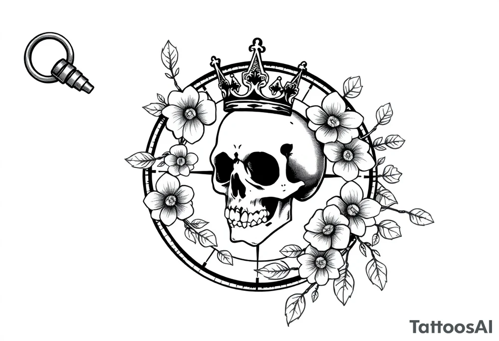 Compass with detailed beautiful gothic boho flowers on vine and skull with gorgeous crown tattoo idea