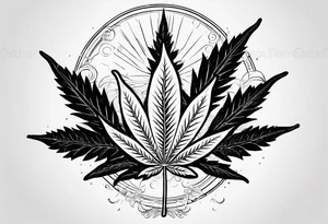 Minimal line art of cannabis plant from base to top with buds blooming. Around it are other plants like pothos leaves and mushrooms about to fruit. Incorporate the solar cycle and lunar cycle tattoo idea