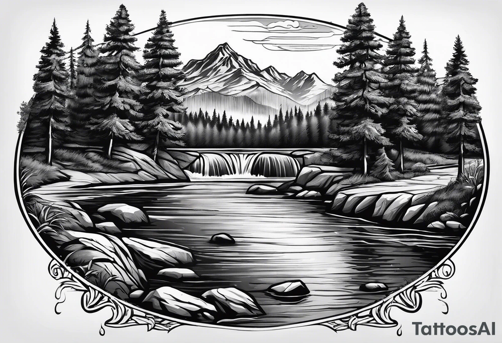 River with cedar trees tattoo idea