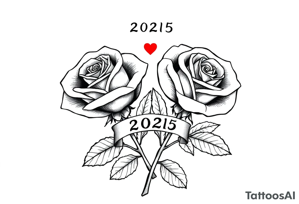 two beautiful rose buds, side by side, with many leaves and their stems intertwined, representing two people in love. Include a banner connecting the two roses with "2025" on it.  The word "Rose" written in Kanji above the drawing.  Dark outlines with little shading tattoo idea