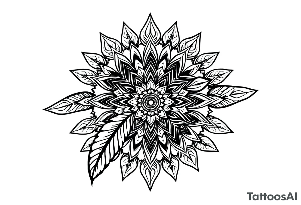 spiritual bold line feather indian mandala shaman tattoo idea