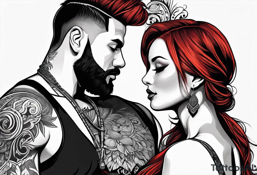 Busty red haired woman with a bearded man who has black hair tattoo idea