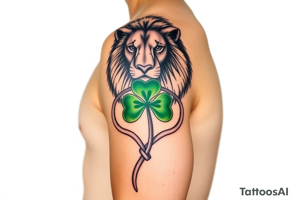 Show on a man's arm. Create a men's half-sleeve tattoo featuring a mighty, majestic face-forward lion at the top of the shoulder. Extend the bottom of the lion's mane to create open and shaded Celtic knots that travel down the arm. Add a hyper-realistic Celtic shamrock with green peridot jewel petals and an organic stem. Continue the knots to intersect with a Celtic warrior armband that wraps the arm just above the elbow. tattoo idea
