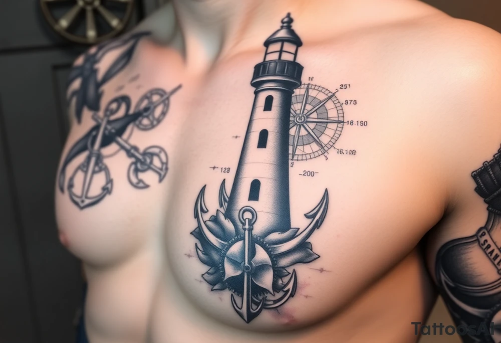 Full Chest / Shoulder Maritime Tattoo Concept

A large black and grey tattoo starting from the chest and flowing naturally toward the shoulder and upper arm.

Main centerpiece:
A lighthouse placed high in the composition, symbolizing guidance, strength, and finding your way through difficult times.

Surrounding elements:

* Anchors integrated around the lighthouse to represent stability, roots, and connection to the sea.
* Ship propellers blended into the design for movement, journey, and life experience.
* An old nautical logbook / map texture in the background to create depth and tell a personal story.
* Latitude and longitude coordinates of meaningful places you want to carry with you.
* Important dates dedicated to your grandfather, hidden subtly inside the composition as engraved details rather than obvious text.

Syros element:
Include a discreet reference to Syros — either:

* the outline of the island,
* details inspired by the harbor,
* or subtle architectural elements connected to the island’s identity.

Style:

* Black & grey realism
* Strong shading and depth
* Detailed but balanced (not overcrowded)
* Designed to flow naturally with the body shape from chest → shoulder → arm tattoo idea