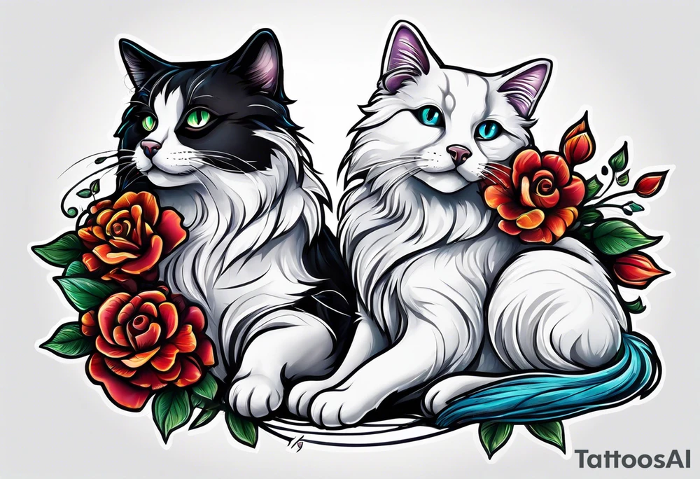 A cat and dog that love each other but are fighting tattoo idea
