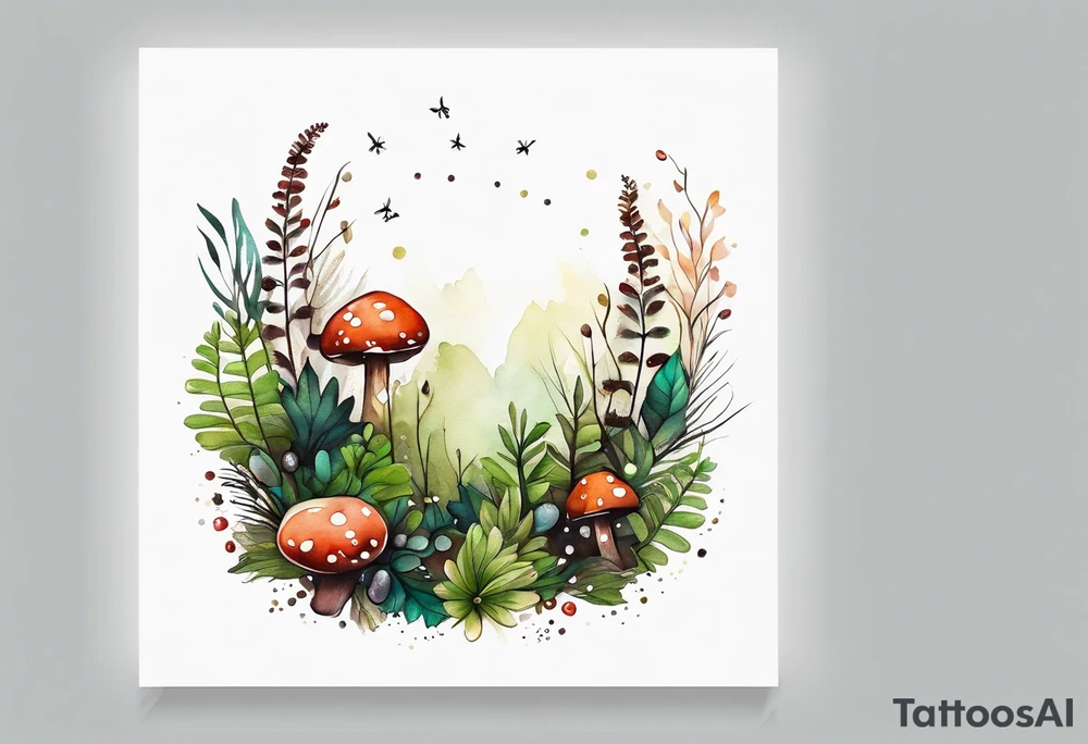 forest floor inspired minimalist tattoo, which includes grass, curly ferns, moss and dead leaves as the bulk of the tattoo. details to include: forest berries, a tiny bumblebee flying nearby, three small brown mushrooms
Generate a vertically long one tattoo idea