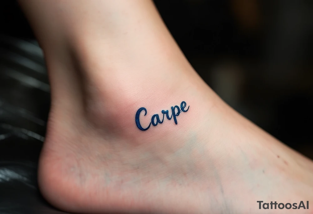 A minimalist monoline black "Carpe Diem" with a small blue wave curling beneath the words. tattoo idea