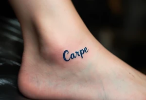 A minimalist monoline black "Carpe Diem" with a small blue wave curling beneath the words. tattoo idea