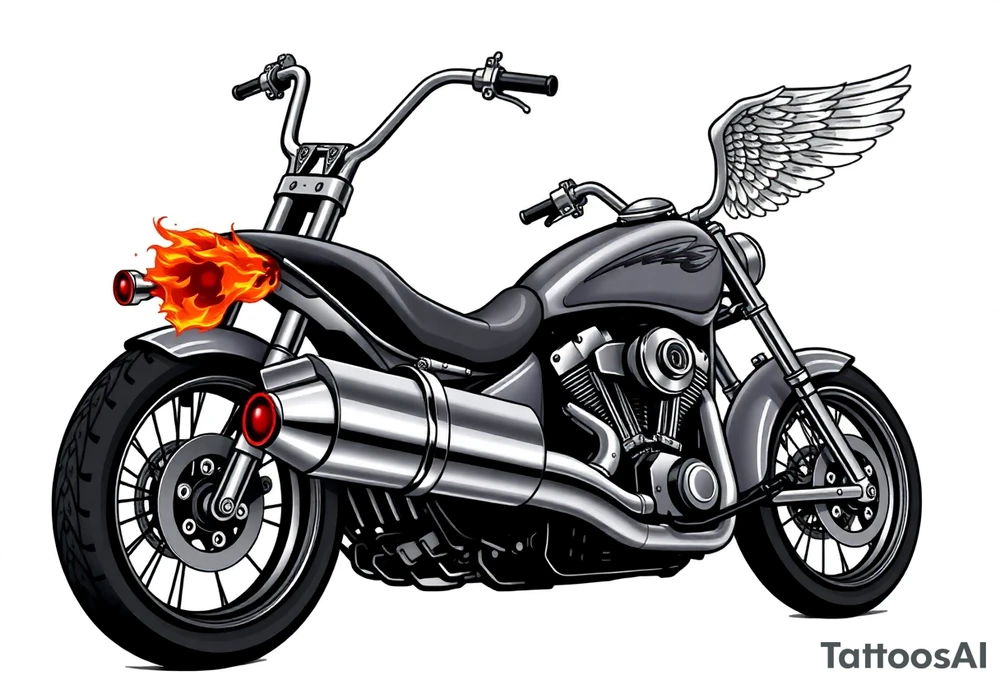 Low rider grey motorcycle, big muffler pipes with flames, angel wings, driving away, no person tattoo idea