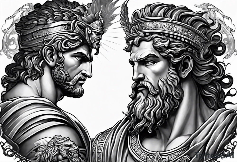 Greek mythology sleeve featuring Zeus with lighting bolts, medusa with snake head dress, a gladiator with the Roman coliseum background tattoo idea
