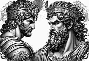 Greek mythology sleeve featuring Zeus with lighting bolts, medusa with snake head dress, a gladiator with the Roman coliseum background tattoo idea