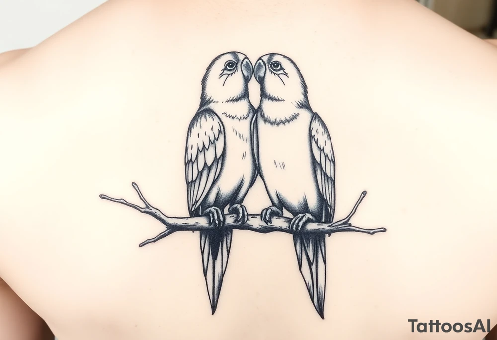 I want a tattoo with two parrots sitting on a tree. They kiss each other. tattoo idea