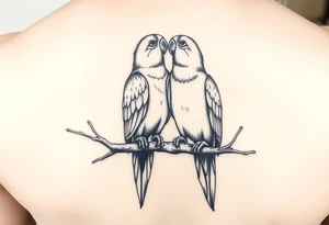 I want a tattoo with two parrots sitting on a tree. They kiss each other. tattoo idea