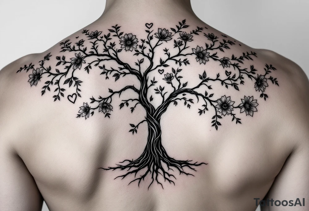 Family tree of 8 with names for woman with flowers and love hearts tattoo idea