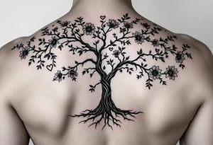 Family tree of 8 with names for woman with flowers and love hearts tattoo idea