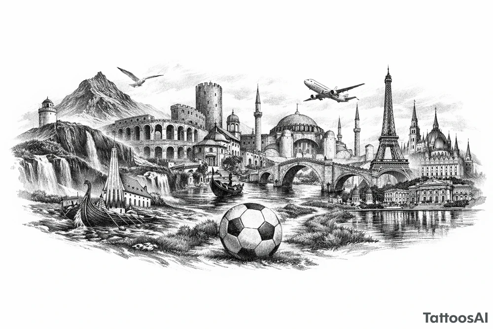 Iceland x3 (sindri, ibv, stjarnan) Italy x2 (Verona, Sassuolo) Spain (Logrono) Turkey x2 (Fenerbahce, Besiktas) Hungary (Fradi) France (Bordeaux) Something to do with football journey, surreal style to fit on arm forearm or inner bicep no crests just main attractions of each country tattoo idea