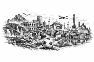 Iceland x3 (sindri, ibv, stjarnan) Italy x2 (Verona, Sassuolo) Spain (Logrono) Turkey x2 (Fenerbahce, Besiktas) Hungary (Fradi) France (Bordeaux) Something to do with football journey,  surreal style to fit on arm forearm or inner bicep no crests just main attractions of each country tattoo idea