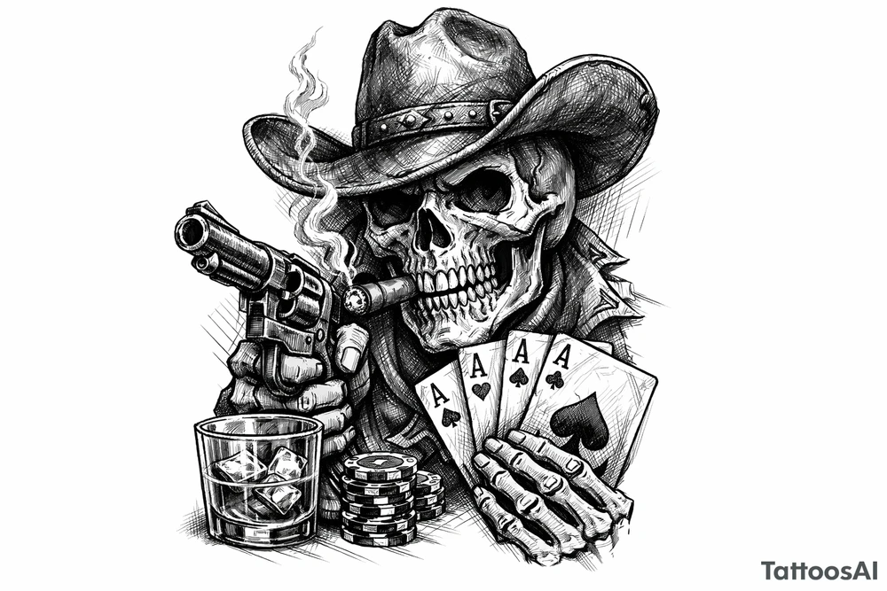 skull with cowboy-hat, cigar in his mouth, a gun in a hand, playing cards, whiskey-glass. tattoo idea