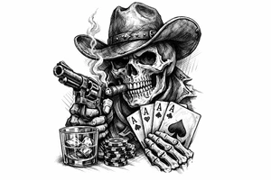 skull with cowboy-hat, cigar in his mouth, a gun in a hand, playing cards, whiskey-glass. tattoo idea