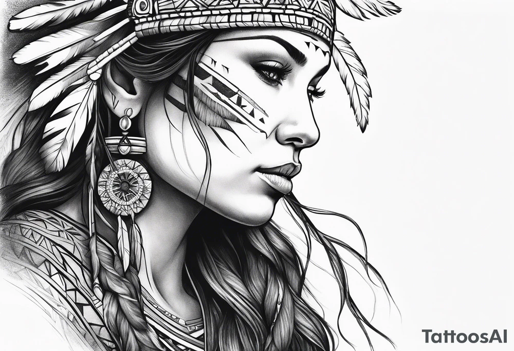Native american Forest goddess looking down side profile  tree branches forming into her face middle arm sleeve tattoo idea