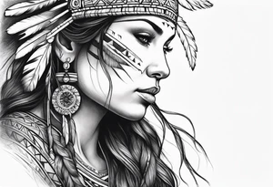 Native american Forest goddess looking down side profile  tree branches forming into her face middle arm sleeve tattoo idea