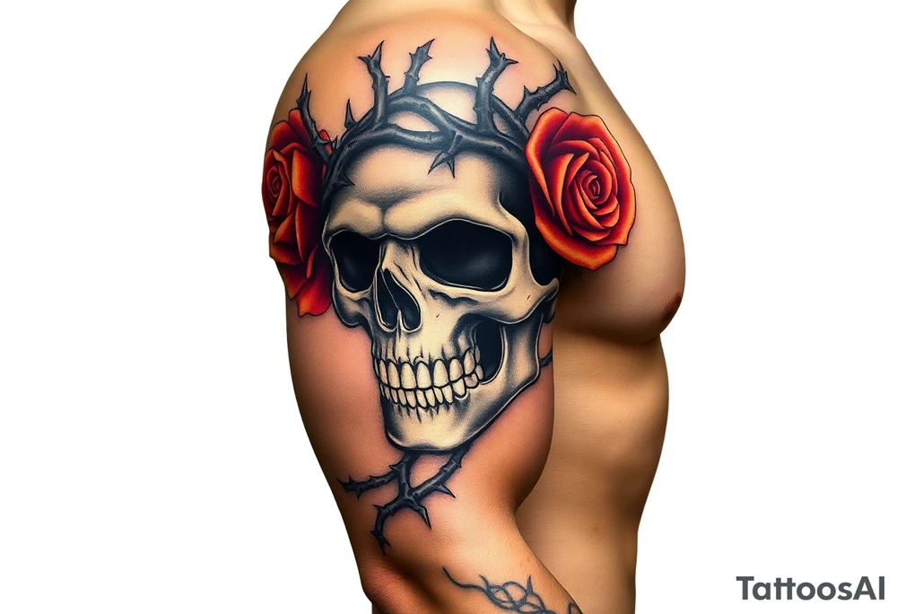 ornate skull adorned with crown of wild roses and thorns tattoo idea