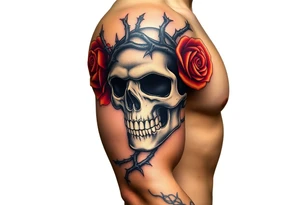 ornate skull adorned with crown of wild roses and thorns tattoo idea