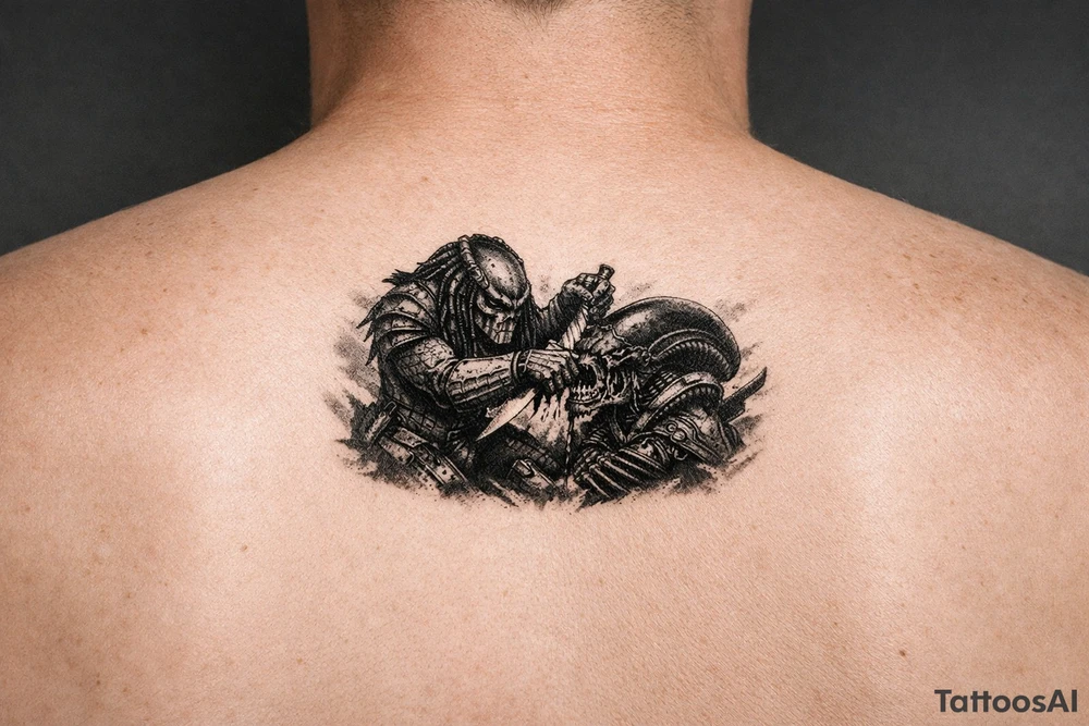 predator (from the movie) killing an alien on the forearm tattoo tattoo idea