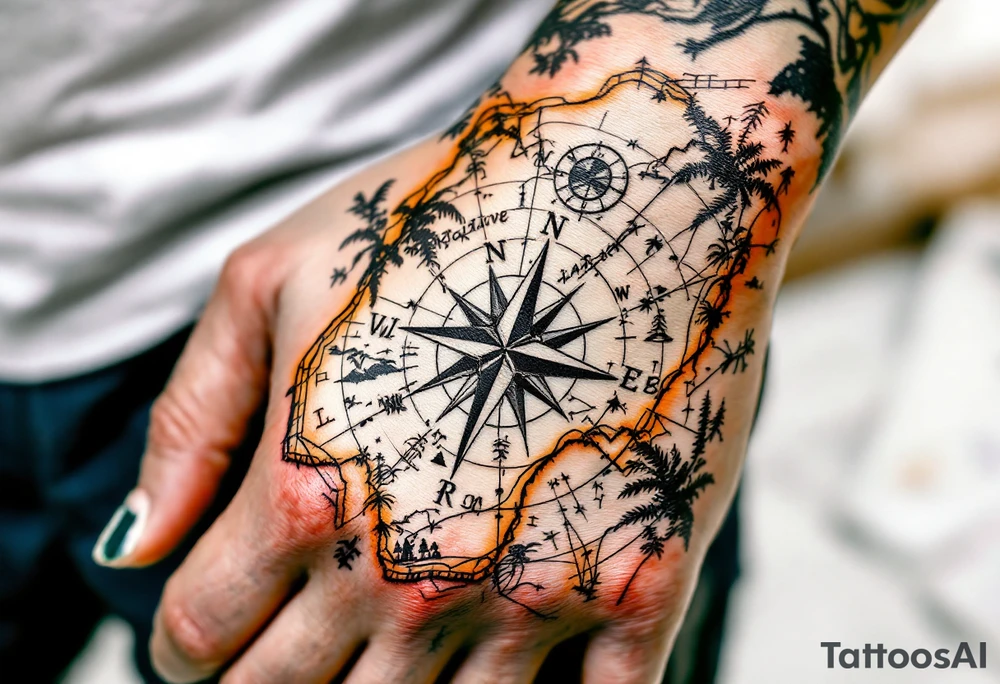 Compass on the hand in the shape of Nigeria with longitude written on the top and latitude written on the bottom. Draw lines from a treasure map connecting from the arm to the tattoo tattoo idea