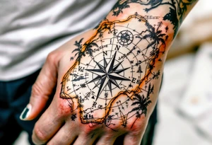 Compass on the hand in the shape of Nigeria with longitude written on the top and latitude written on the bottom. Draw lines from a treasure map connecting from the arm to the tattoo tattoo idea