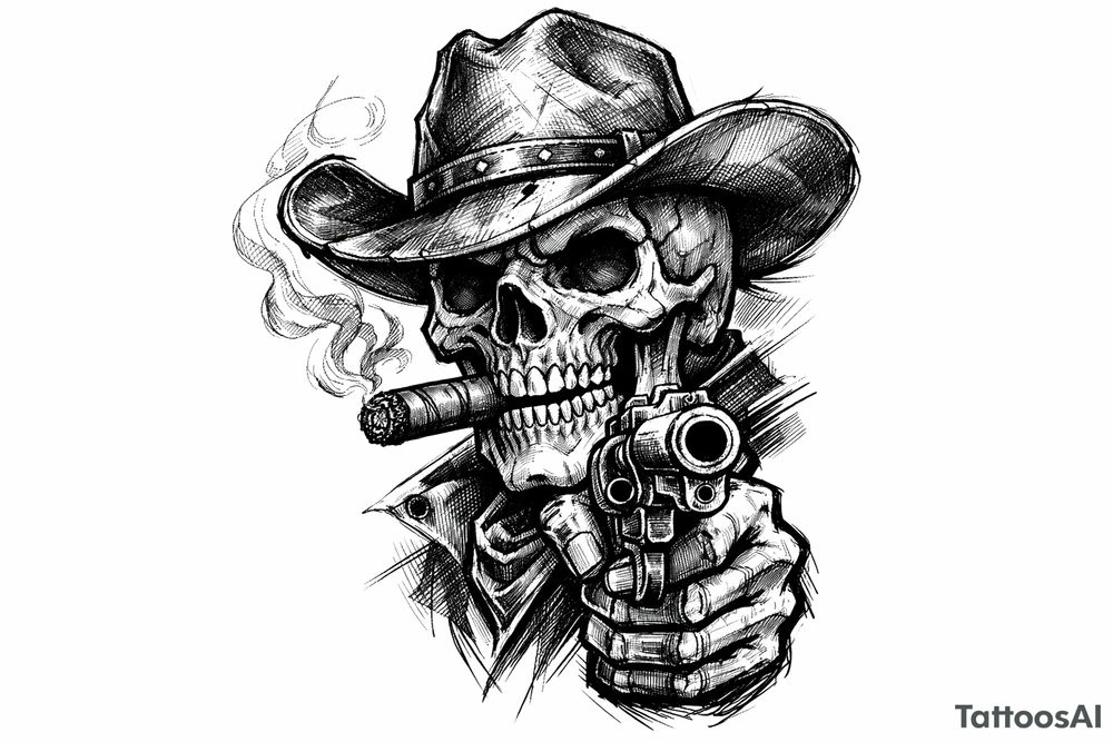 skull with cowboy-hat,a big cigar in his mouth and a gun in a hand. tattoo idea