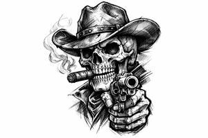 skull with cowboy-hat,a big cigar in his mouth and a gun in a hand. tattoo idea