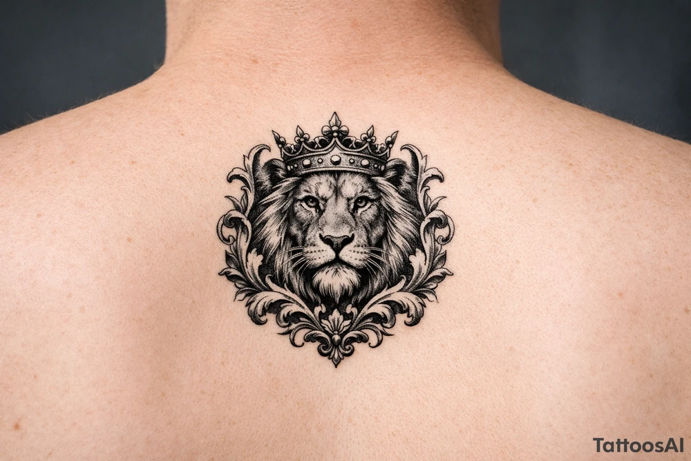 powerful majestic lion with a crown, framed by ornate floral scrollwork tattoo idea