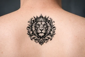 powerful majestic lion with a crown, framed by ornate floral scrollwork tattoo idea