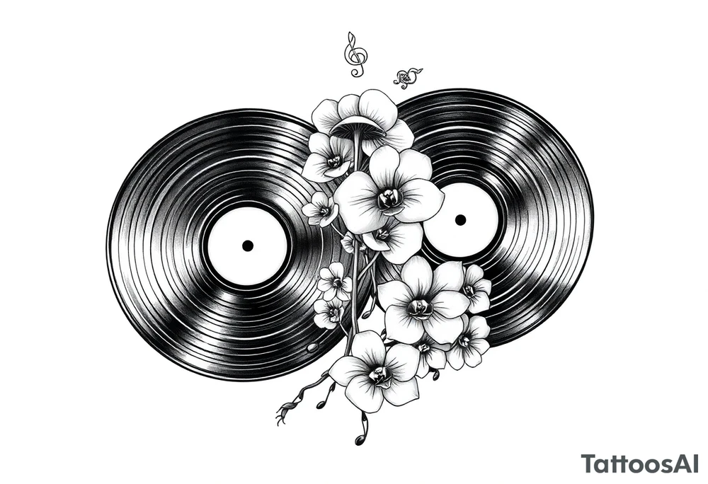two vinyl records with mushrooms, orchids, and music notes around them tattoo idea