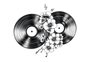 two vinyl records with mushrooms, orchids, and music notes around them tattoo idea