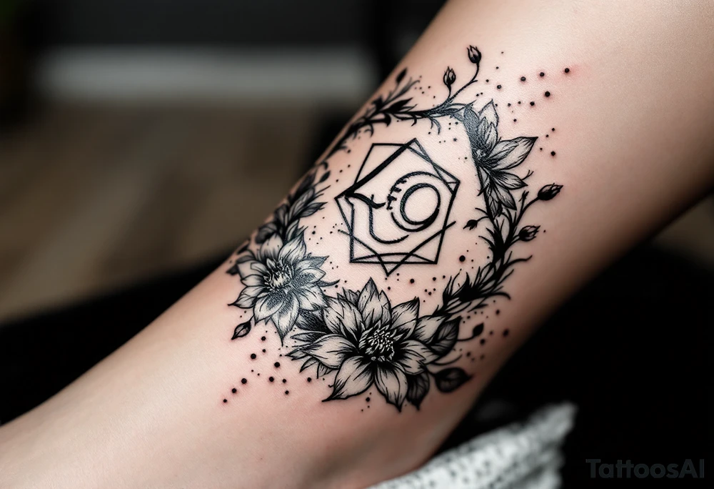 hexagon with Leo astrological symbol surrounded by larkspurs and water lilies tattoo idea