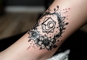 hexagon with Leo astrological symbol surrounded by larkspurs and water lilies tattoo idea