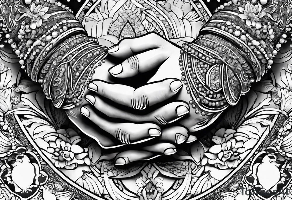 praying hands with beads and beach tattoo idea