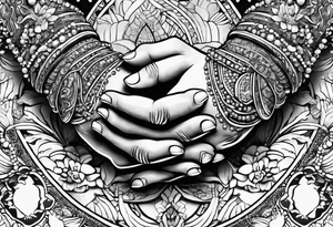 praying hands with beads and beach tattoo idea
