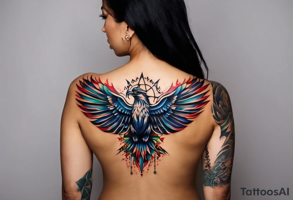 Wide tattoo that appears to be bursting out of the skin, symbolizing freedom. The tattoo should be vibrant and dynamic, with bold lines and colors that evoke a sense of liberation and empowerment. Consider incorporating elements such as broken chains, or other symbols of freedom. The tattoo should be visually striking and thought-provoking, inviting the viewer to reflect on the importance of personal freedom. tattoo idea